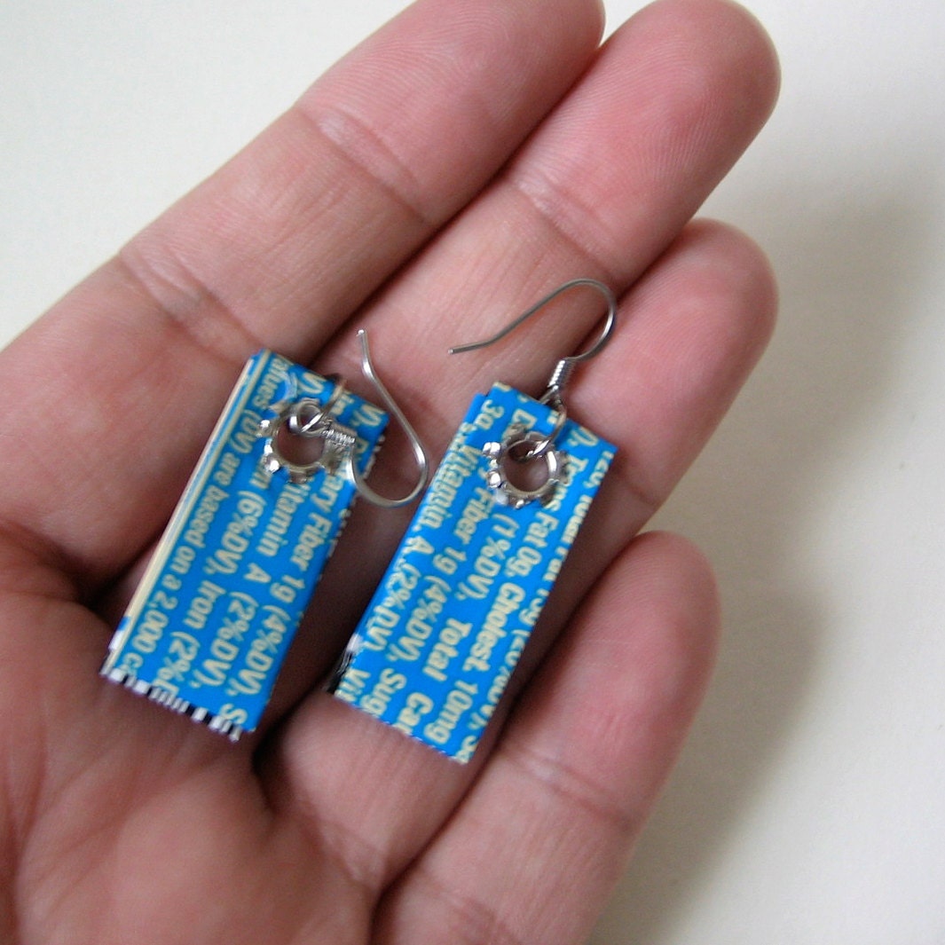 Eco-Chic Earrings - Blue Rescued Wrappers - With Barcode Reverse