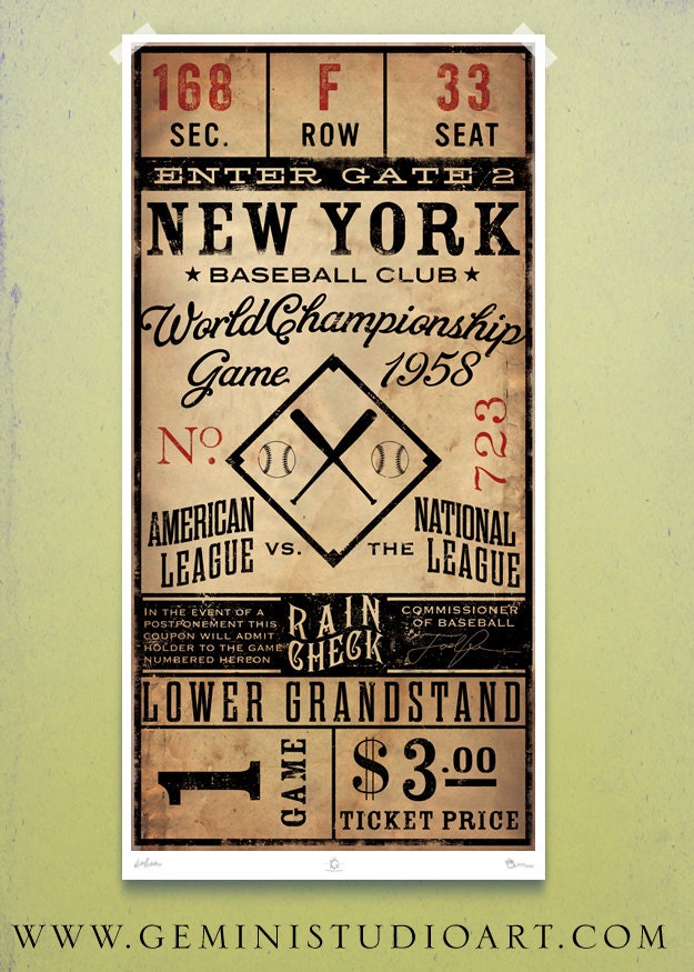 Vintage style New York Baseball Ticket graphic artwork giclee archival signed artists print 10 x 20