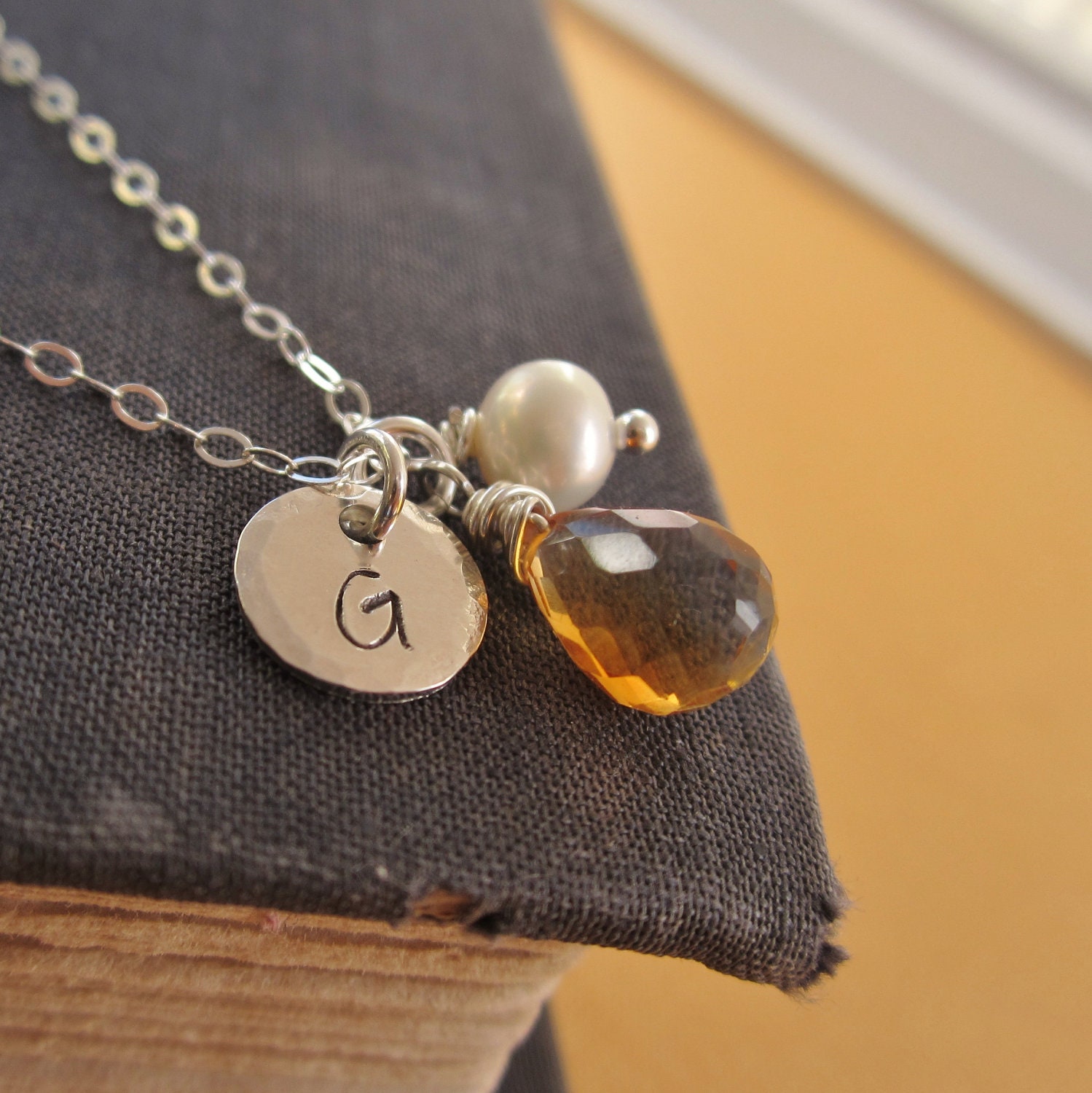 Personalized birthstone necklace, November birthstone, citrine, custom initial, sterling silver monogram, silver necklace, freshwater pearl