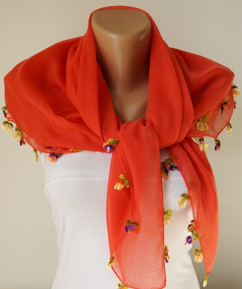 Orange red, carrot red , Flower  Cotton with Handmade Turkish OYA Spring Scarf