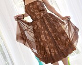 Brown Floral Vintage 70s Party Dress 50s Revival Sheer Flared Sleeveless  Swing Sundress S