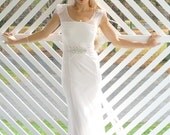 Delphina: Art deco mermaid romantic wedding gown with sleeves, sash and pearls