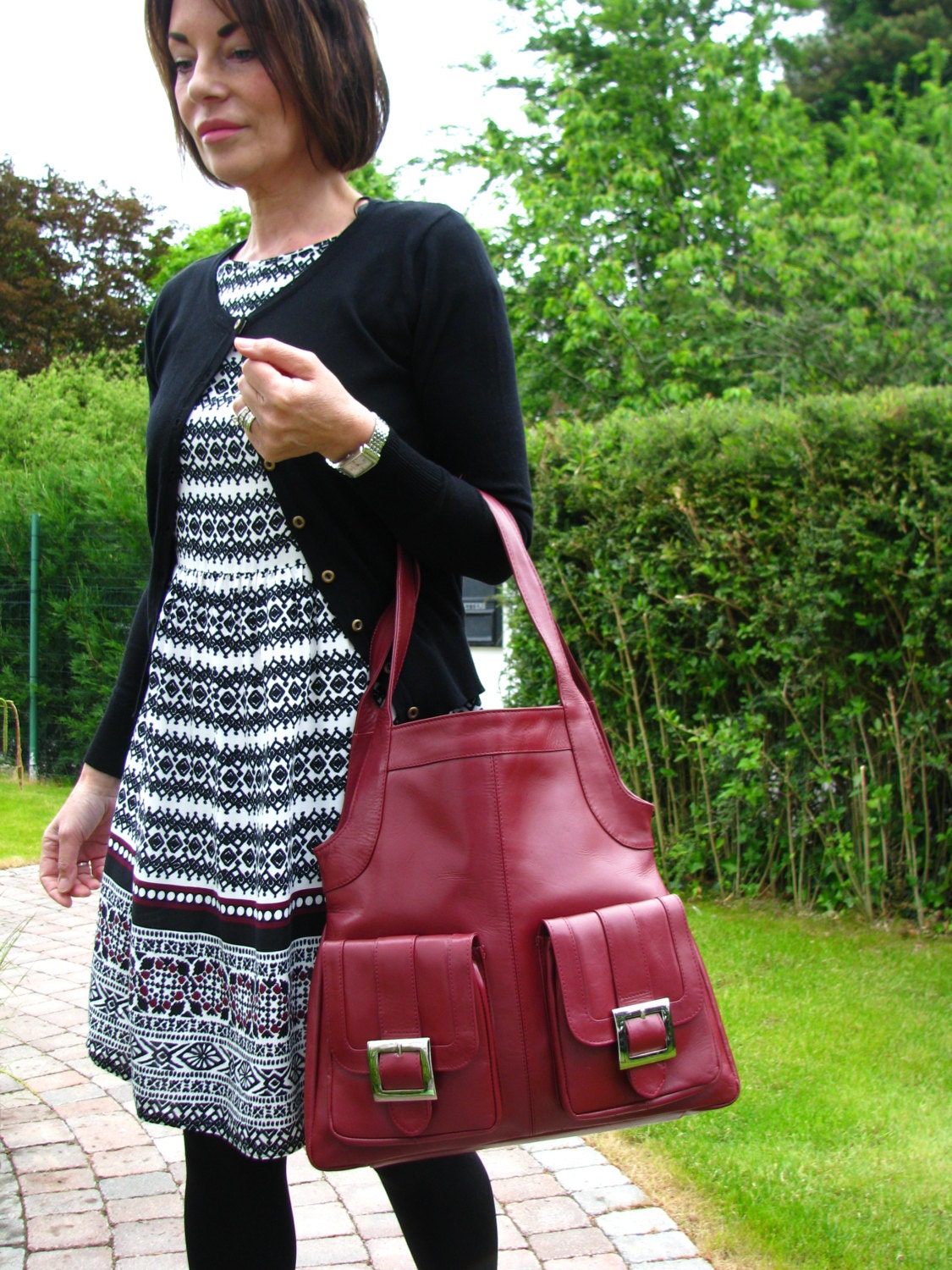 Red Leather Pocket Tote Handbag