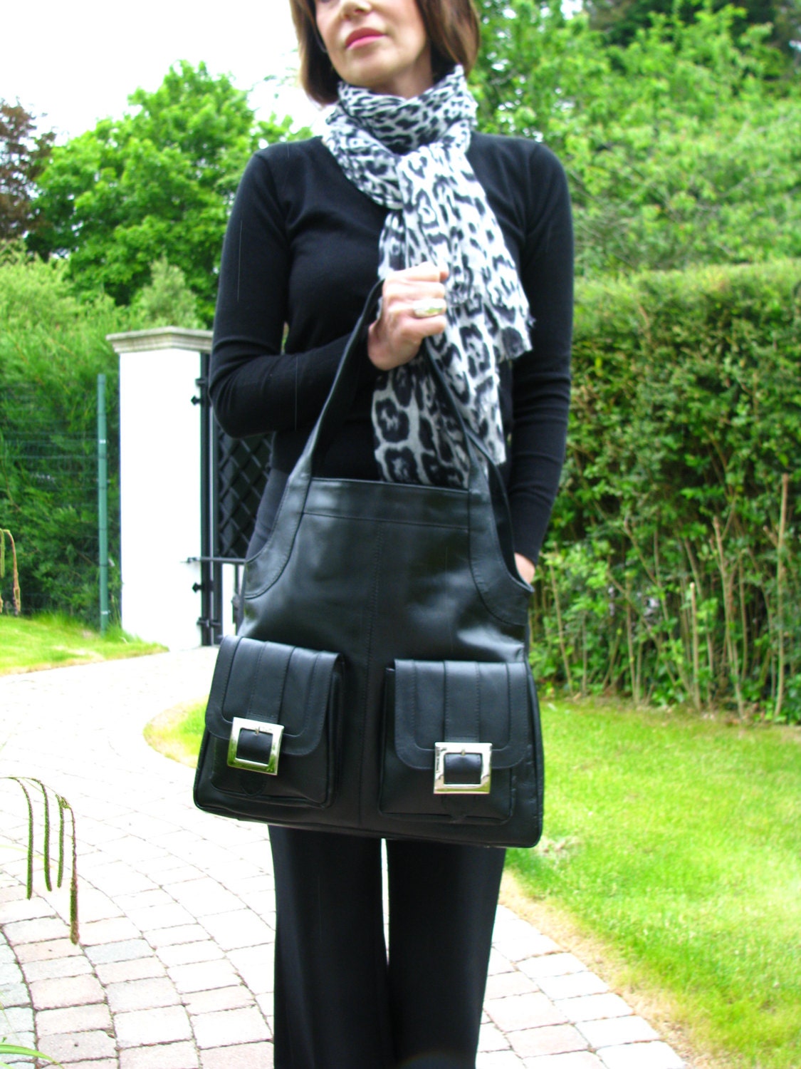 Large Black Leather Pocket Tote Handbag