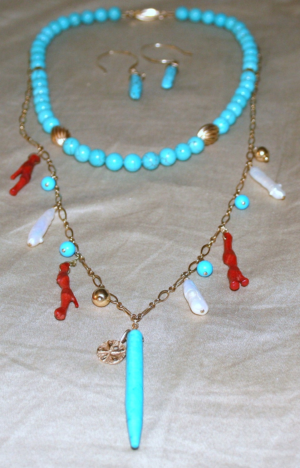 14k Yellow Gold Turquoise Branch Coral Biwa Pearls Necklace