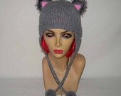 Cuddly Gray Cat Ears Hat Knit Beanie with Kitty Ears and Ear Flaps - Adult