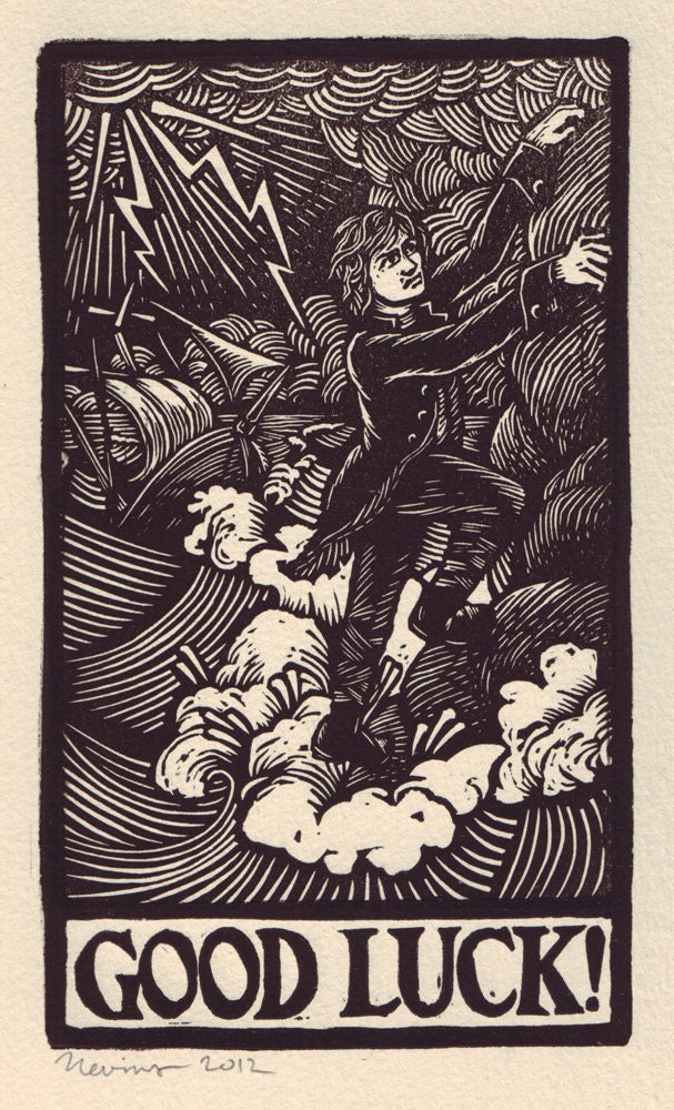 GOOD LUCK -  A linocut print in black on Arches cream paper.
