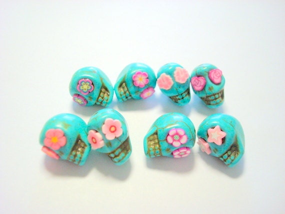 Turquoise and Pink Howlite Sugar Skull Beads-Collection of 8
