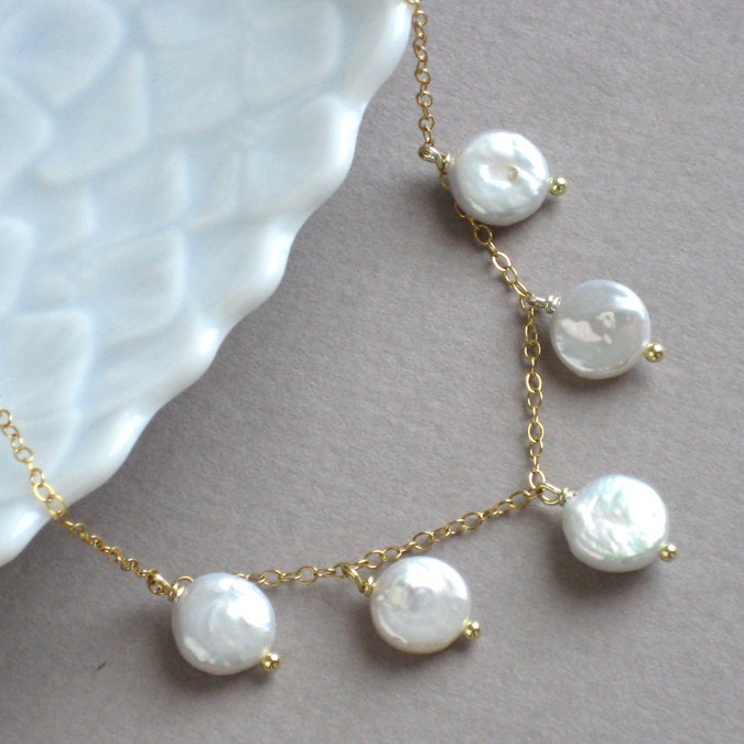 Multi Drop Coin Pearl Necklace in 14k Gold Fill