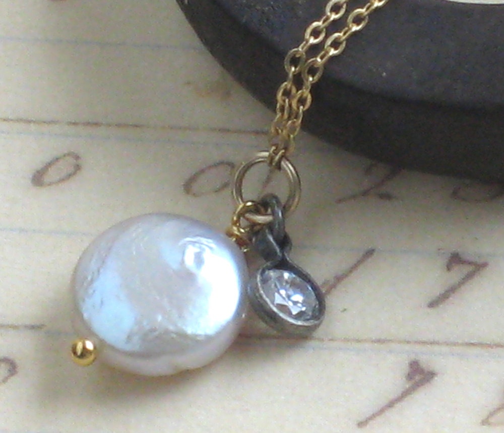 Luster Necklace -White Coin Pearl and CZ in oxidized Sterling silver and Gold fill
