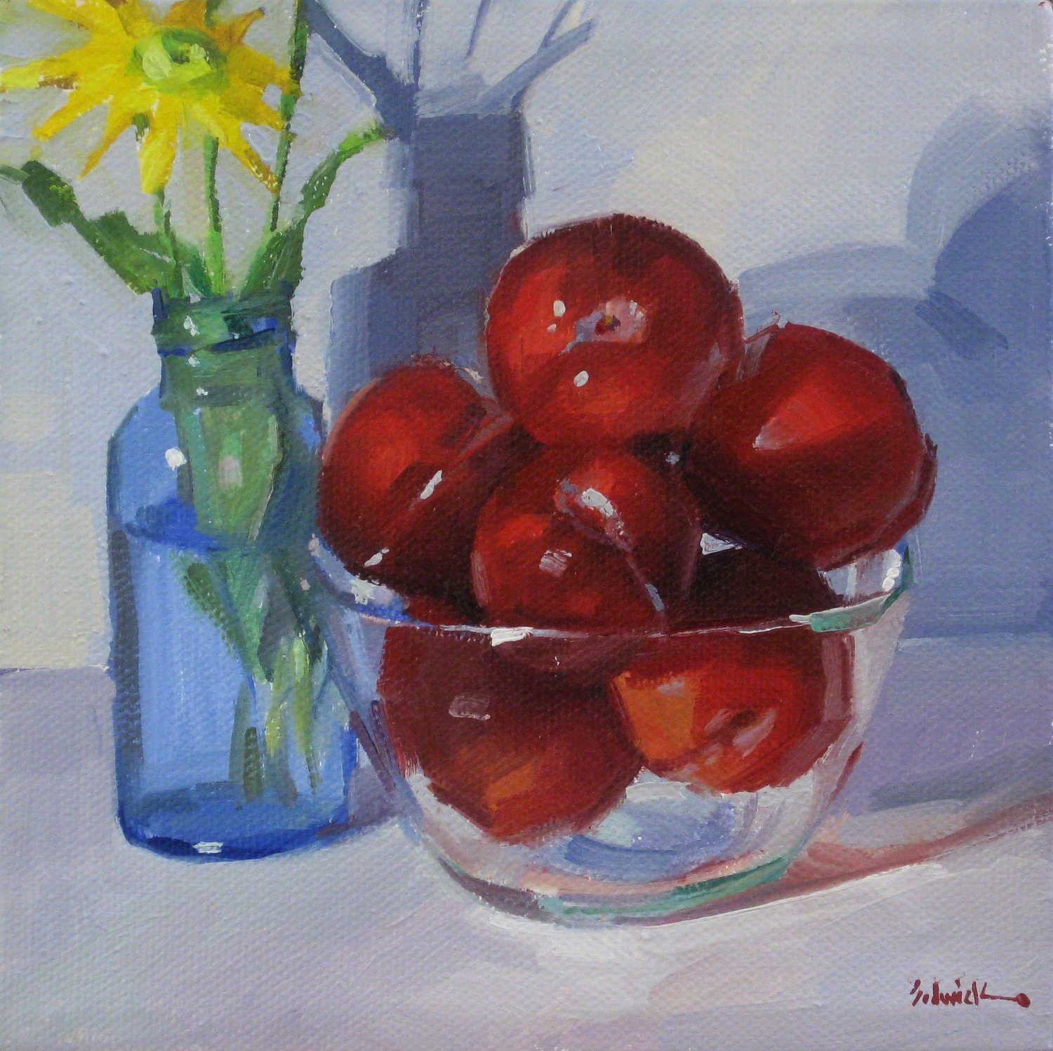 Framed fine art flower fruit painting "Red Plum Bowl" original oil on canvas by Sarah Sedwick 6x6in