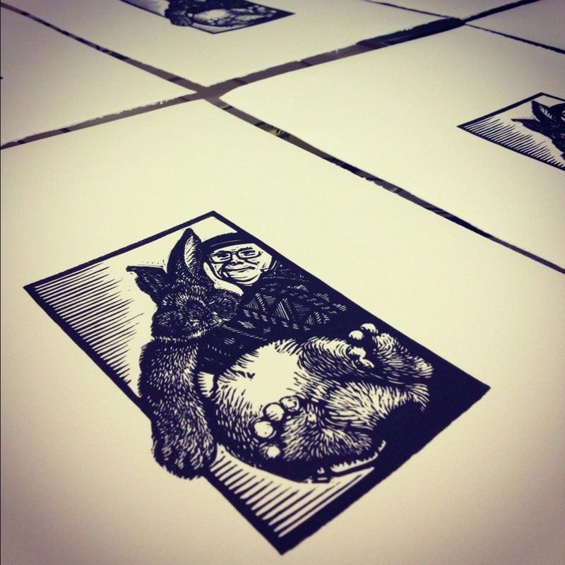 Big Bunny Linocut original hand-pulled relief print