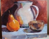 Oil Paintings Still Life of Pear, Pot and Bowl Original Art