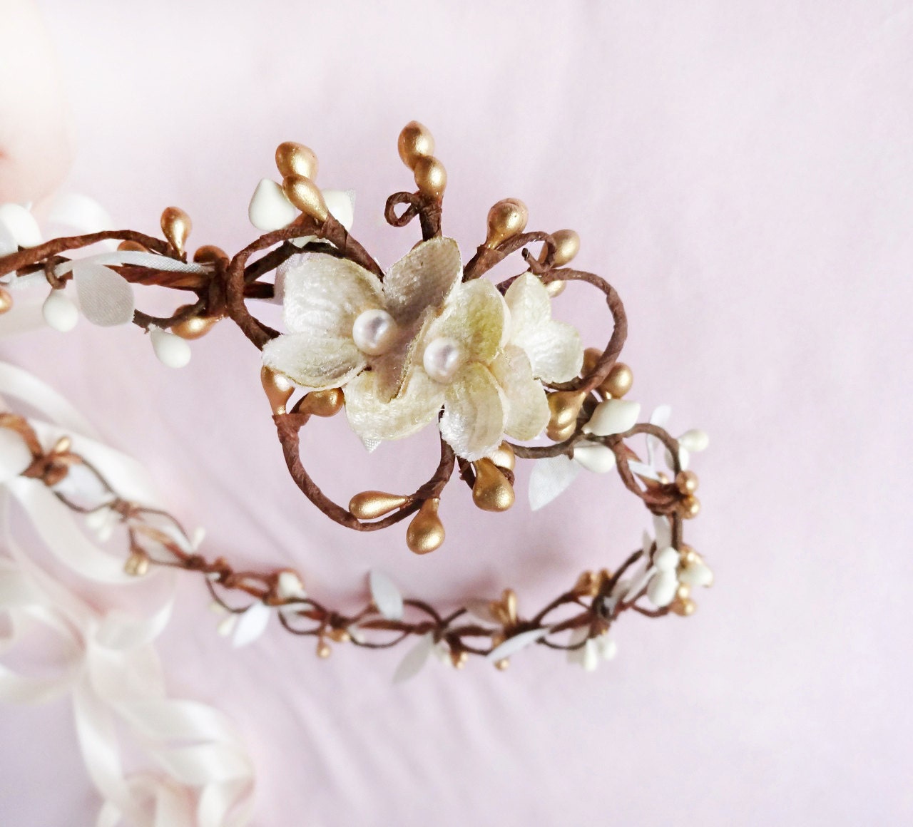 ivory and gold wedding hair circlet, champagne flower hair accessories, rustic hairpiece, bridal headpiece - FROU-FROU - cream hair wreath