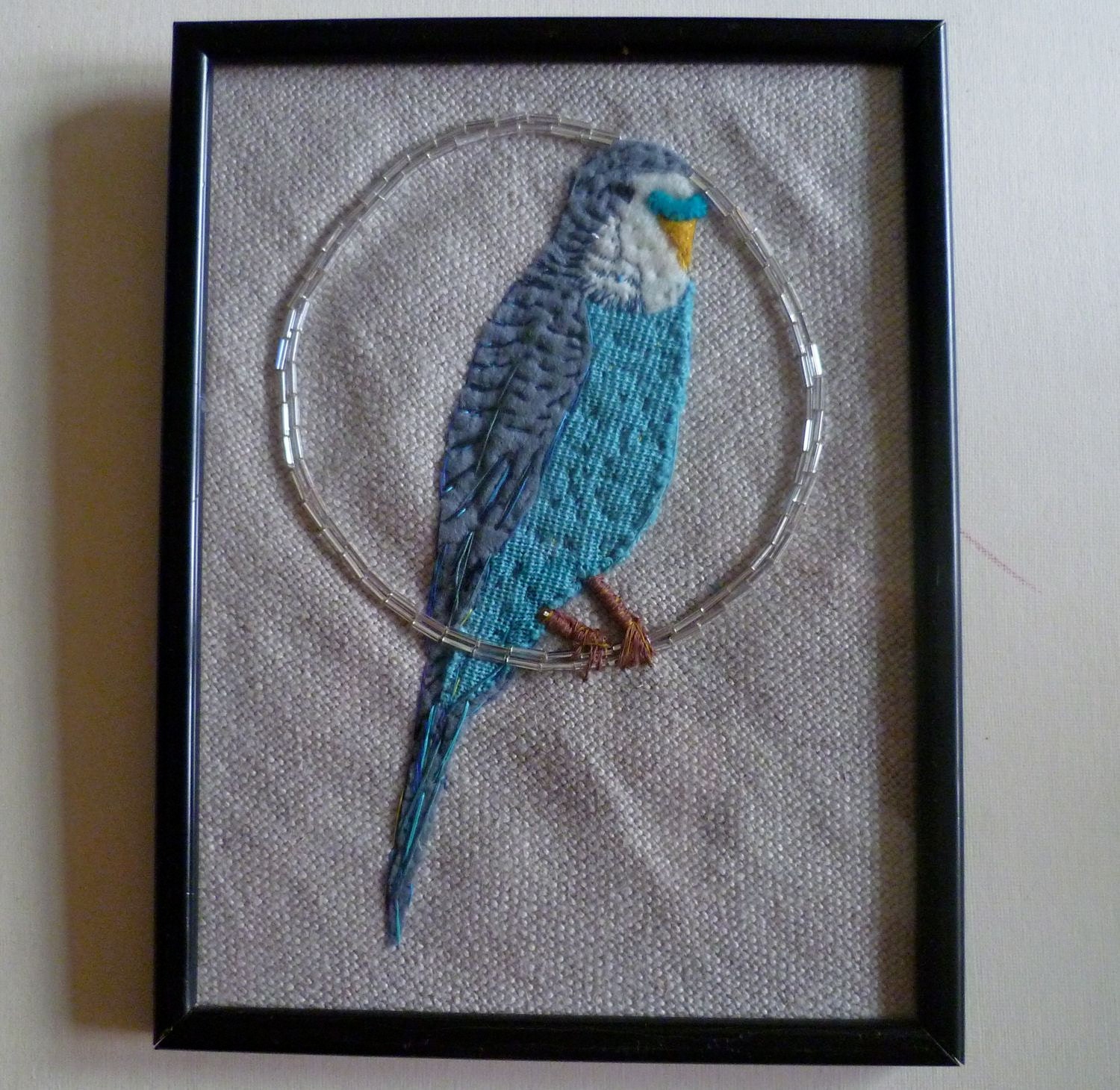 AUTUMN SALE - Mr Blue Budgerigar - Embroidered Applique Beaded Bird in Frame