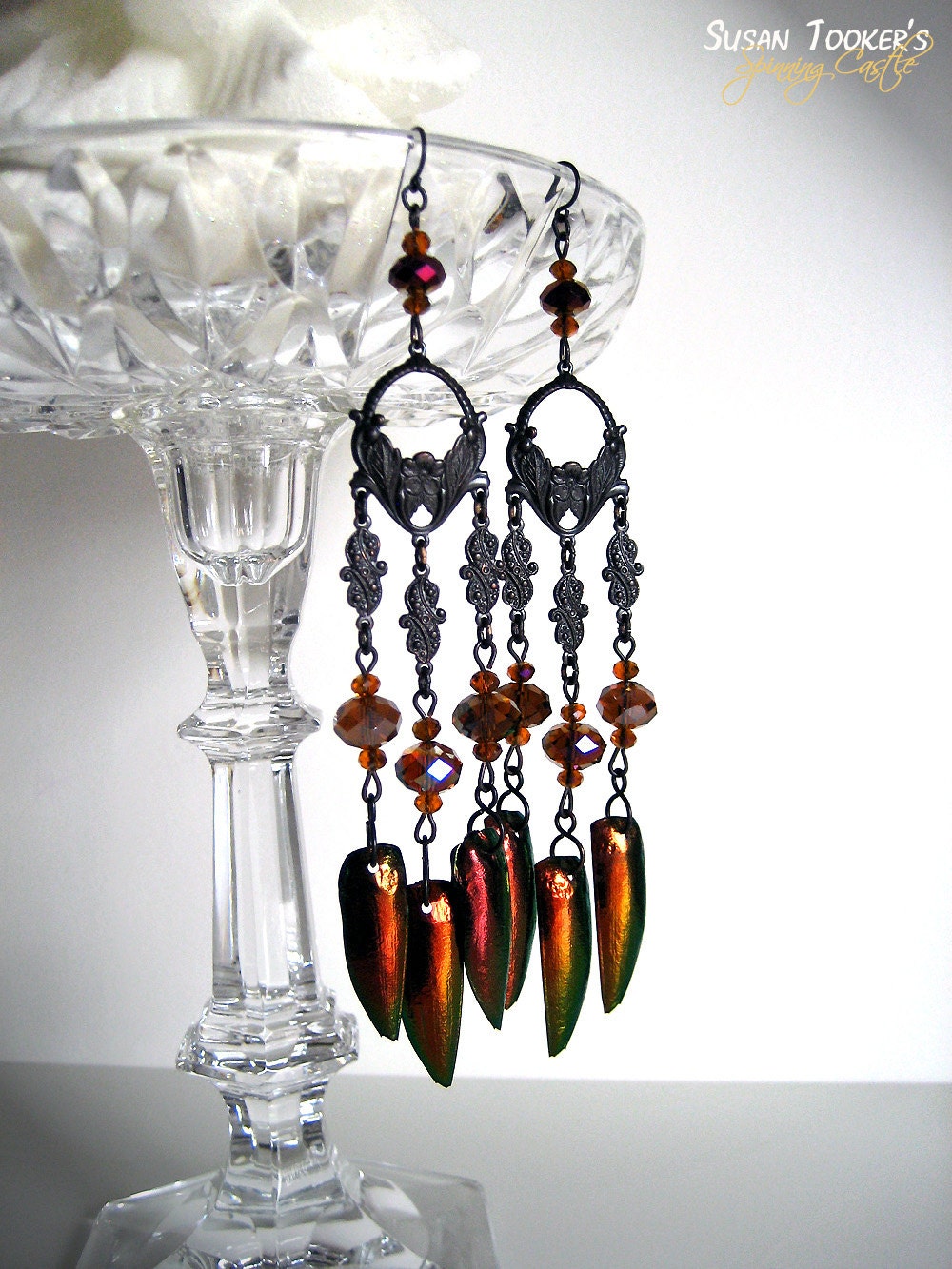 Fairy Jewel Beetle Elytra Iridescent Wings Earrings Rare Copper Gold Green Sparkling Goddess Style ELFLAND QUEEN by Spinning Castle