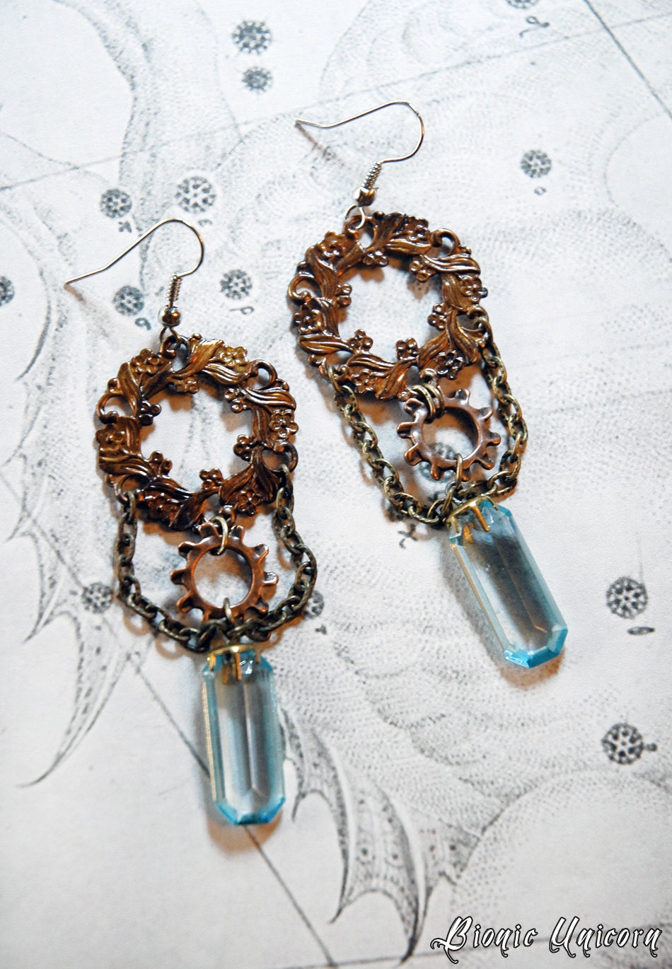 Clockwork Serenity Steampunk Earrings - Light Blue Glass Jewels and Antiqued Floral Rings with Copper Gears