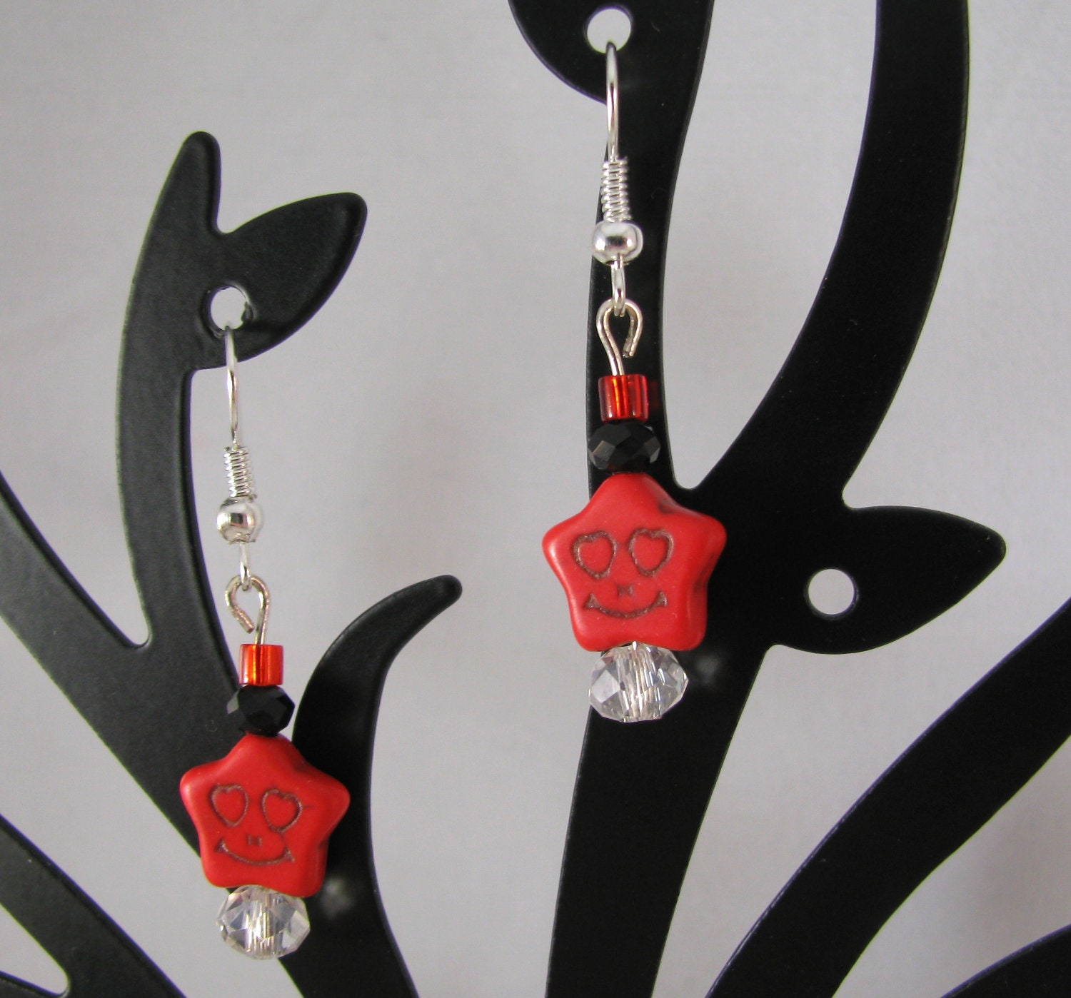 Stone creepy smiley star in red with Czech crystals sterling dangle earrings