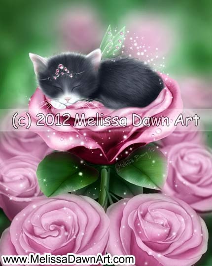 Grey Cat Art Print // Sleeping Cat in Pink Roses // Enchanted Daydreams - 5x7