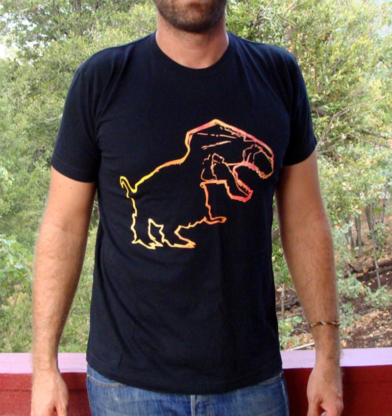 TRex tshirt - eco-friendly yellow & orange ink screenprint on black cotton - Unisex Adult Mens sizes XS, S, M, L, XL