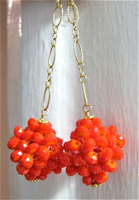 Gold earrings. Dangle earrings. Crystal cluster drops. Chain earrings. Orange earrings. Crystal jewelry. LOVELY
