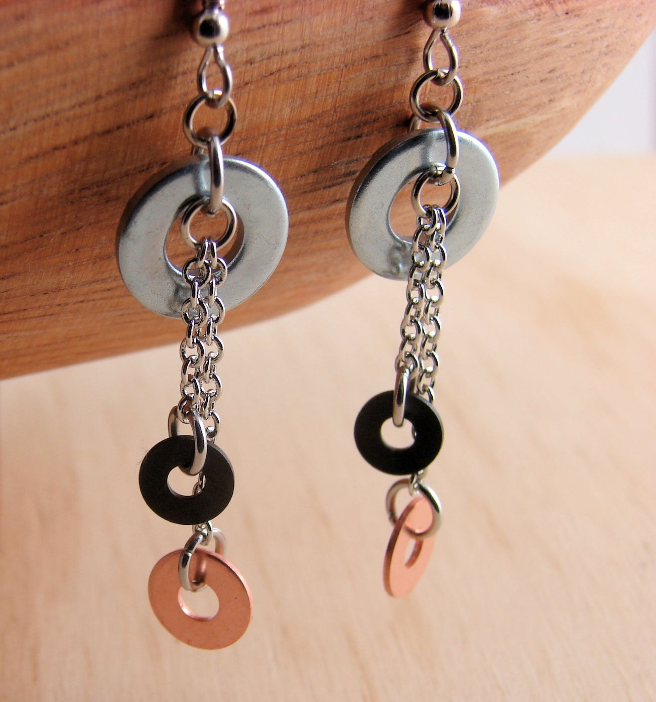 Dangle Earring Mixed Metal Hardware jewelry Industrial Washers Copper, Steel and Black