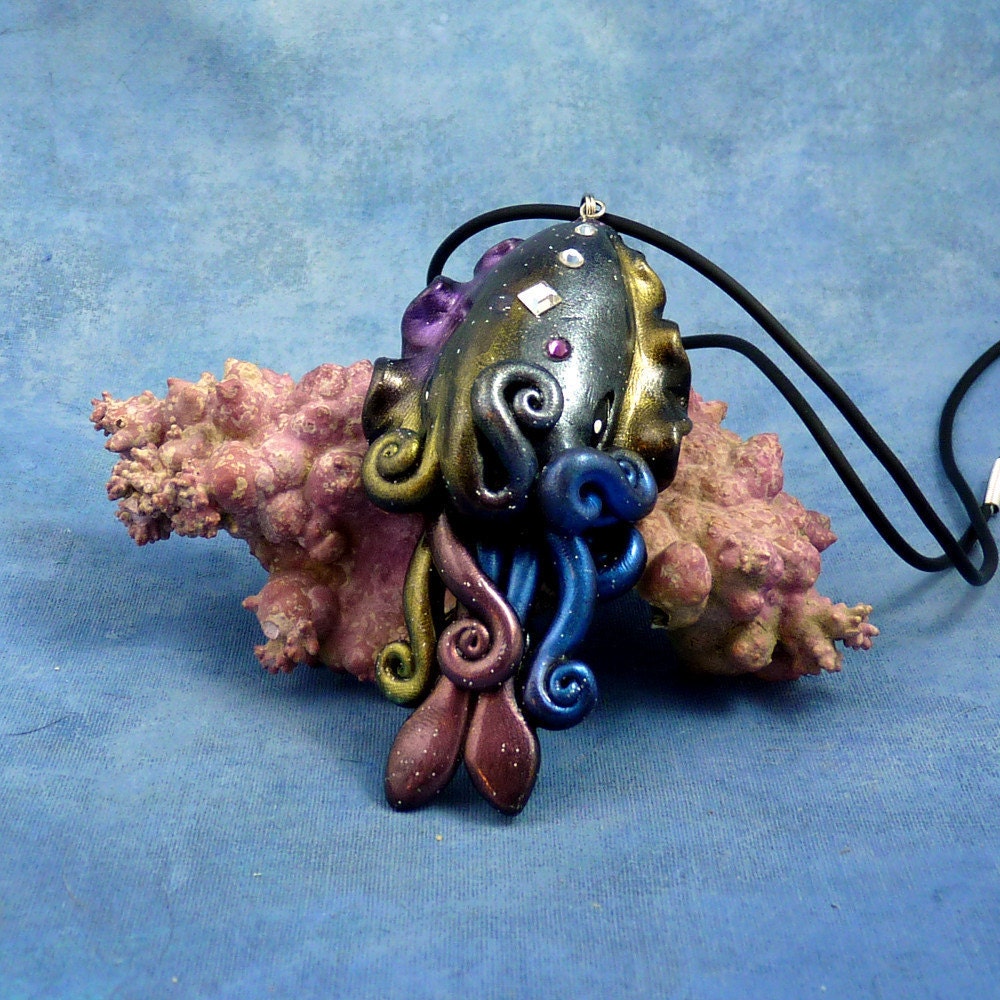 Cosmic Cuttlefish Necklace, Handmade Polymer Clay Space Jewelry