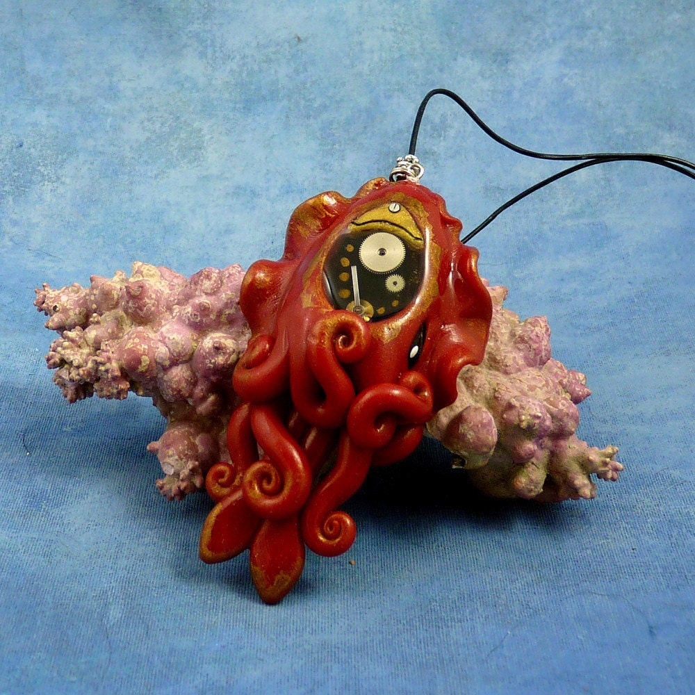 Gilded Steampunk Cuttlefish Necklace, Handmade Polymer Clay Jewelry