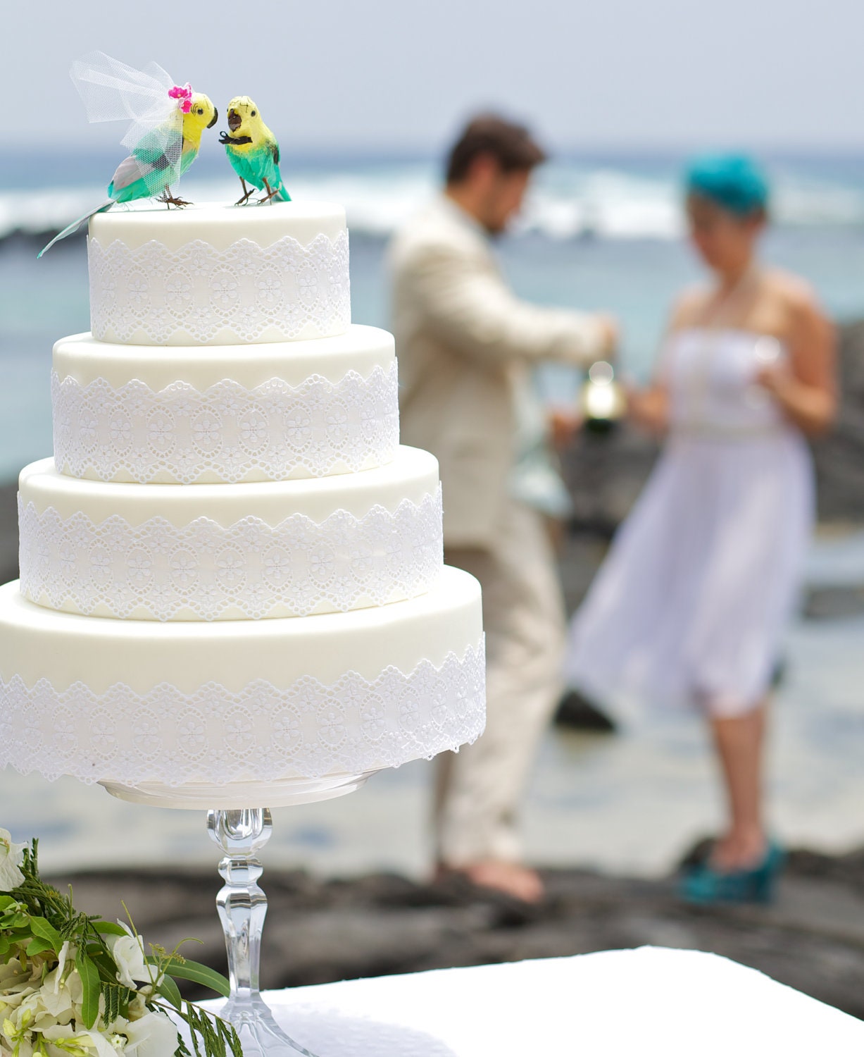 Parakeet Tropical Wedding Cake Topper: Paradise Bride & Groom in Aqua and Yellow - Anniversary, Bridal Shower, and Wedding Cake Topper