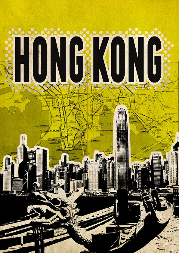Canvas Hong Kong Poster print Cityscape artwork  Mixed Media art on canvas Handmade Wall Decor typography print