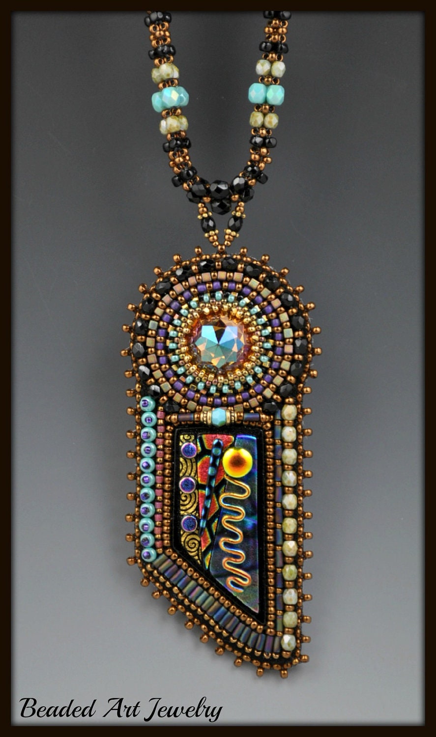 Bead Embroidered, Beadwoven, Beadwork Dichroic Glass Necklace