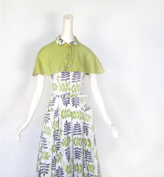1950s Dress Set / 50s Dress / Fern Print / Chartreuse Capelet / XS