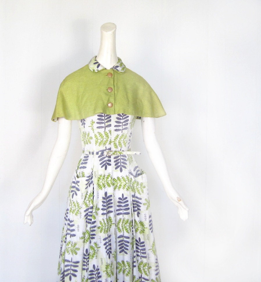 1950s Dress Set / 50s Dress / Fern Print / Chartreuse Capelet / XS