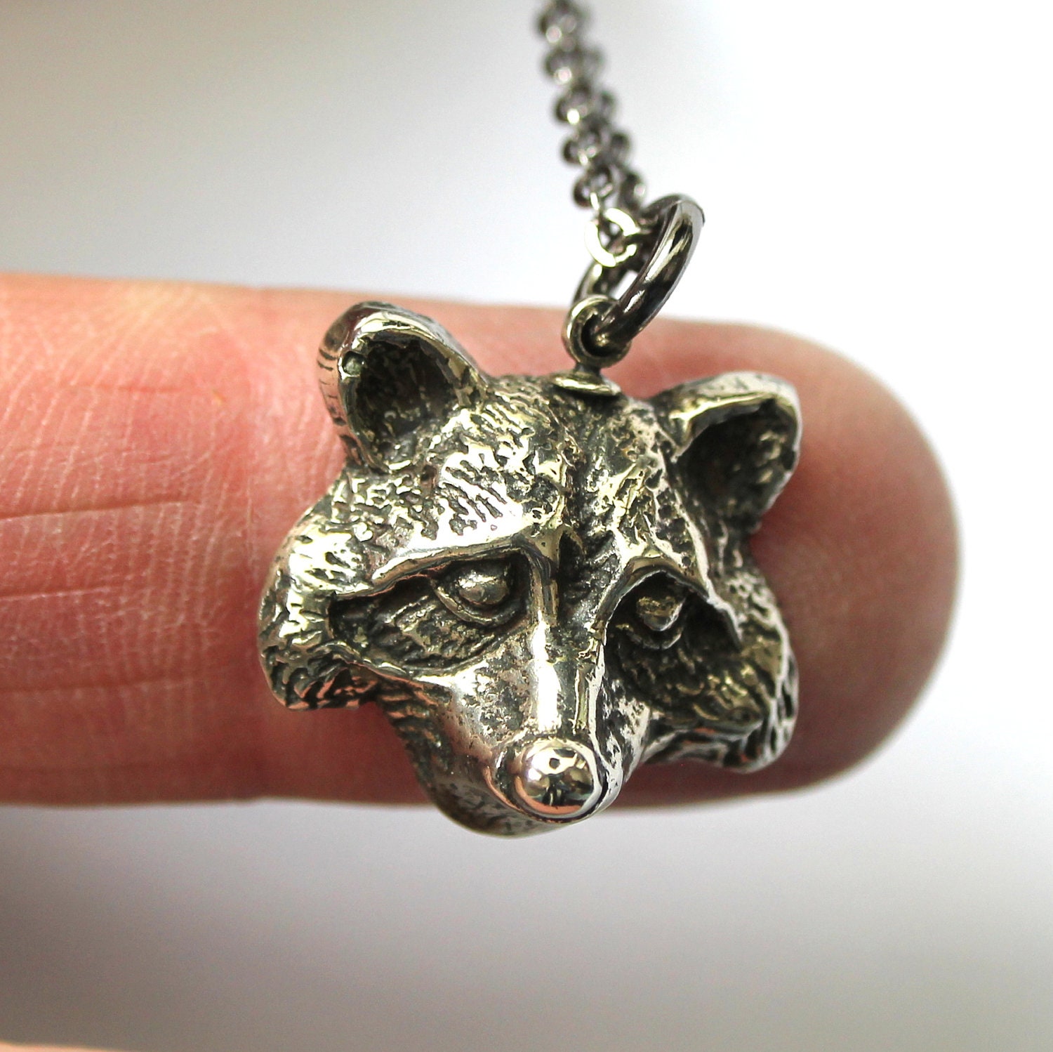 Cute Raccoon Necklace in Solid White Bronze Raccoon Face Pendant
