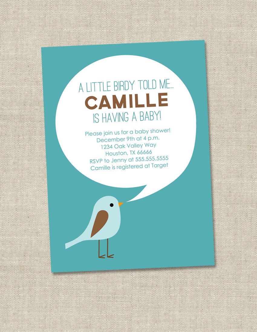 Bird Baby Shower Invitation - little birdy birdie shower invite - gender neutral shower (Printable Digital File OR Printed Cards)