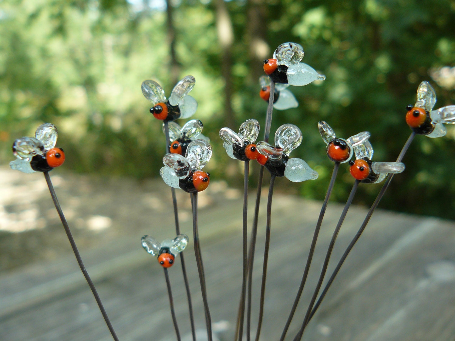 Patio decor, glass fireflies (1) with glow butt plant pokers MADE TO ORDER