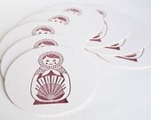 Matryoshka Coaster Set of Eight Letterpress Nesting Dolls in Red