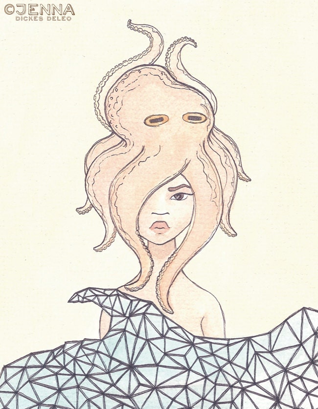 Octopus Haired Girl original watercolor illustration // geometric prisms ocean wave