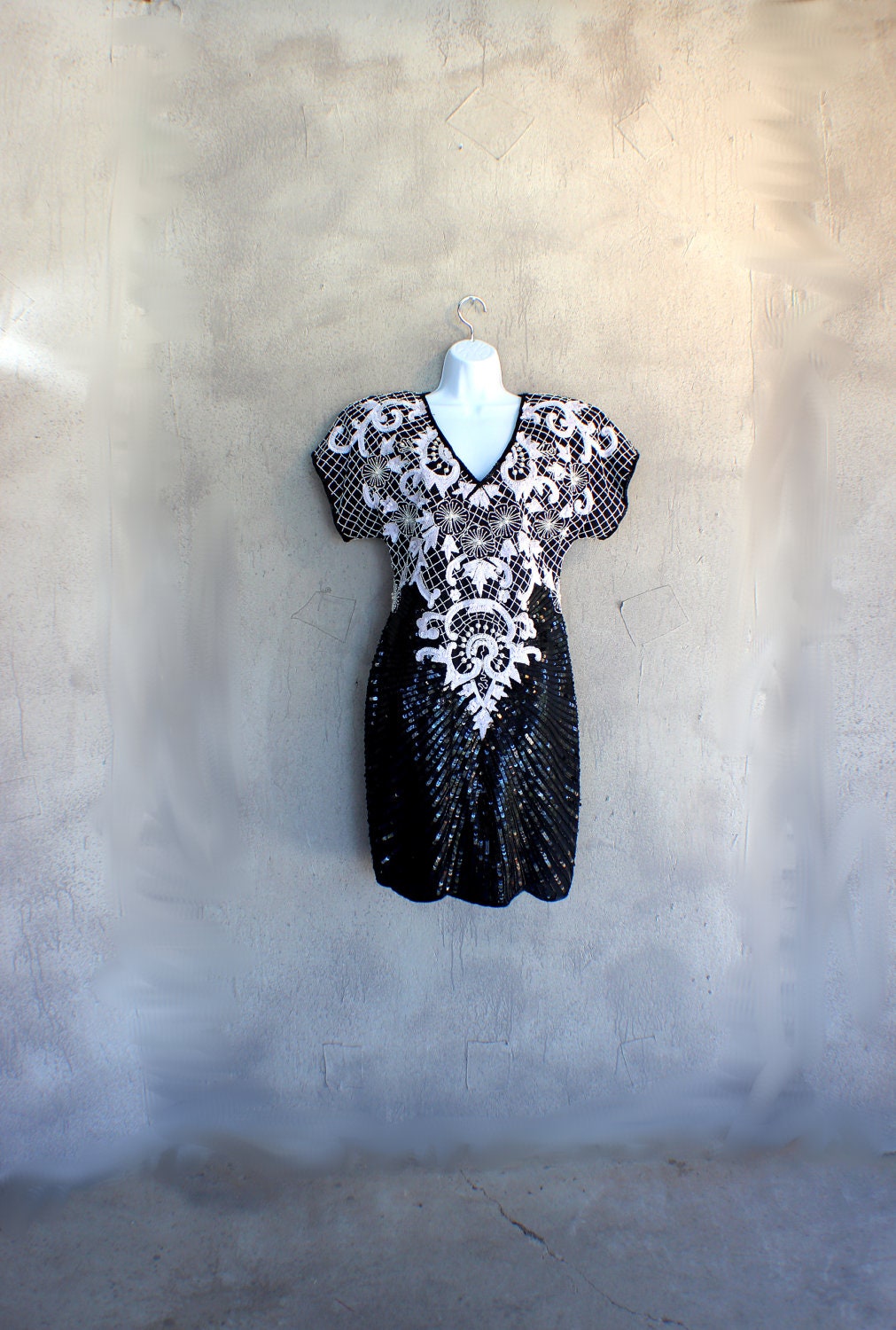 Sequin Cocktail Dress Black and White Beaded Vintage Formal Wear Medium