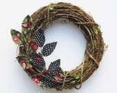 Fabric Leaf Wreath - Red Cardinal Birds, Black and White Polka Dot, Green Christmas Winter Holiday Door Decor