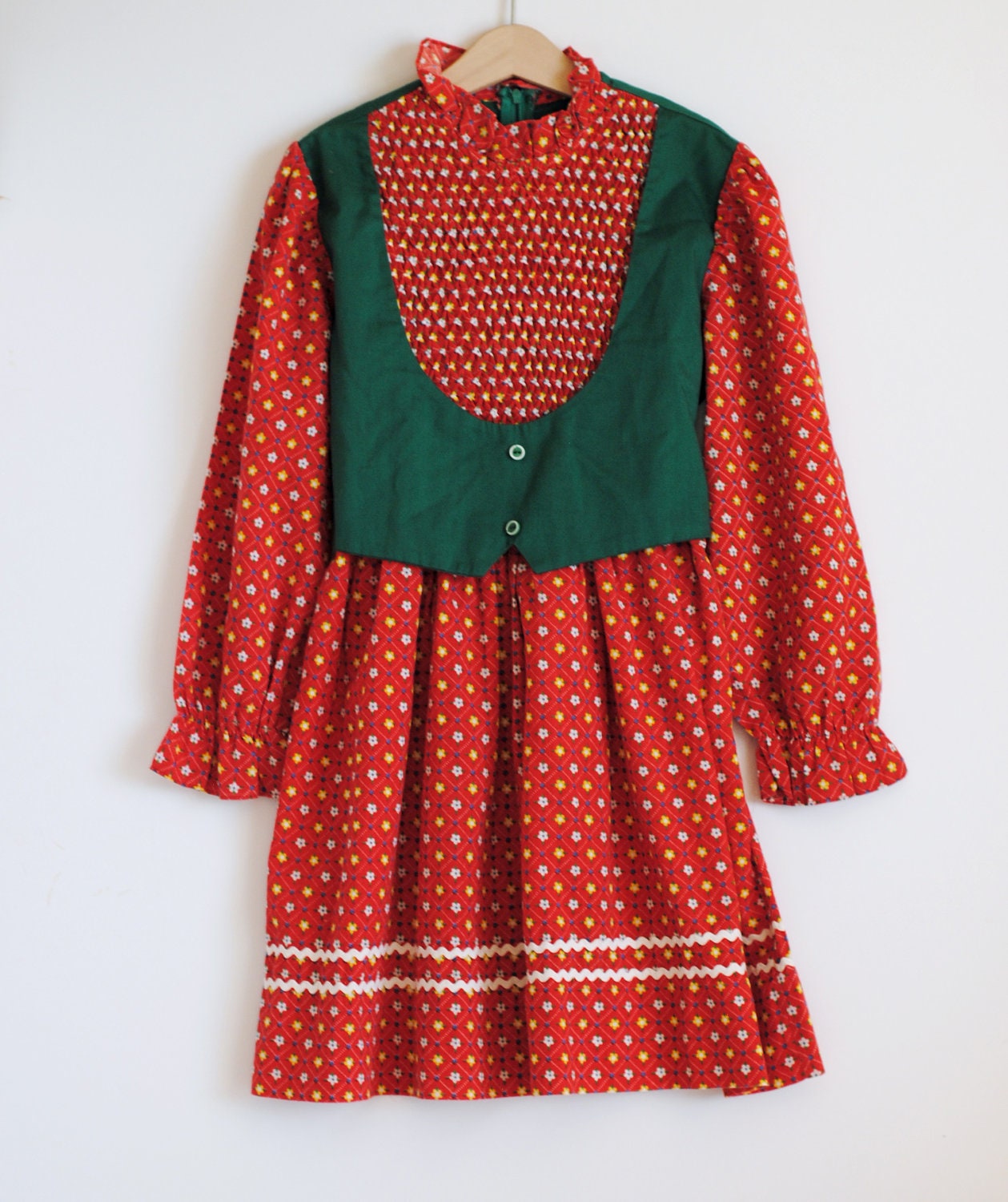 Vintage 1970's Little Girl Dress - Green Vest Smocked Floral Print (size 10)