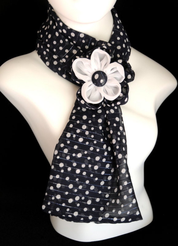 Elie - Childrens Blue and White Polka Dot Scarf with Fabric Flower Hair Clip