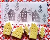 winter street rubber stamp set - hand carved rubber stamp - handmade rubber stamp - trees /houses - set of 5