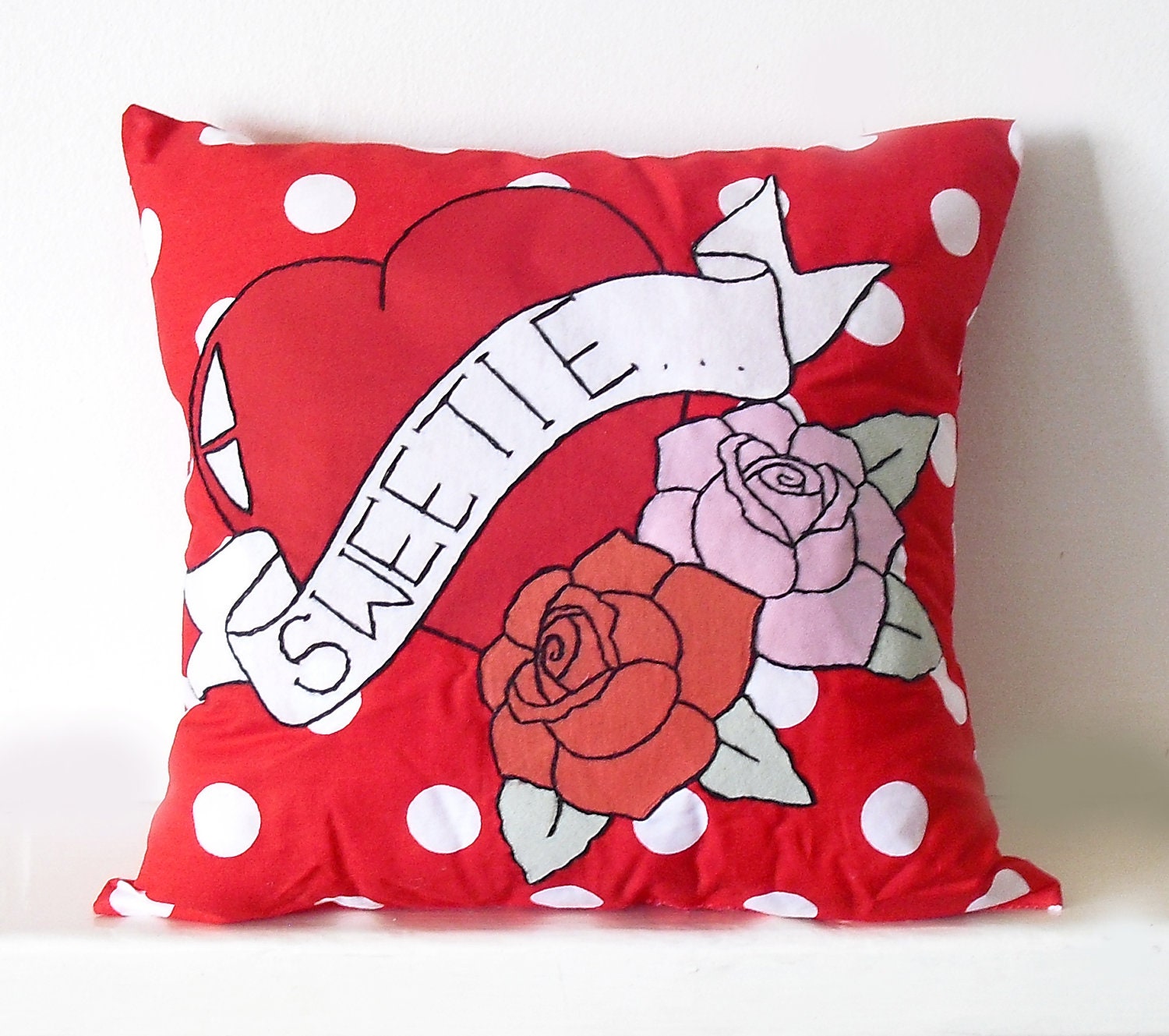Retro Style Applique Throw Pillow with Rose and Heart Tatoo Design READY TO SHIP