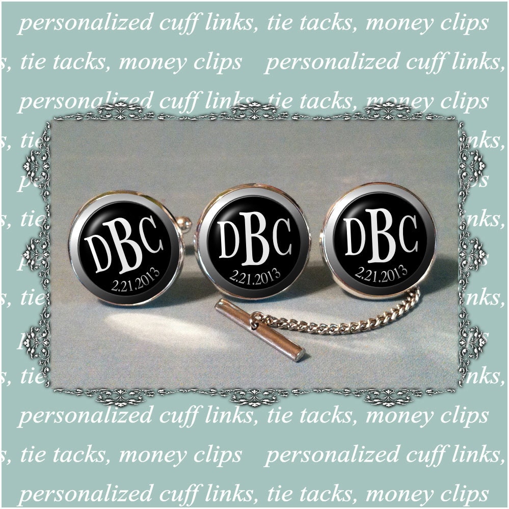 Save the Date Personalized Silver Cuff Links and Tie Tack Set in Silver Gift Tin - Groomsmen Gift for Wedding - Gift for Dad, Brother