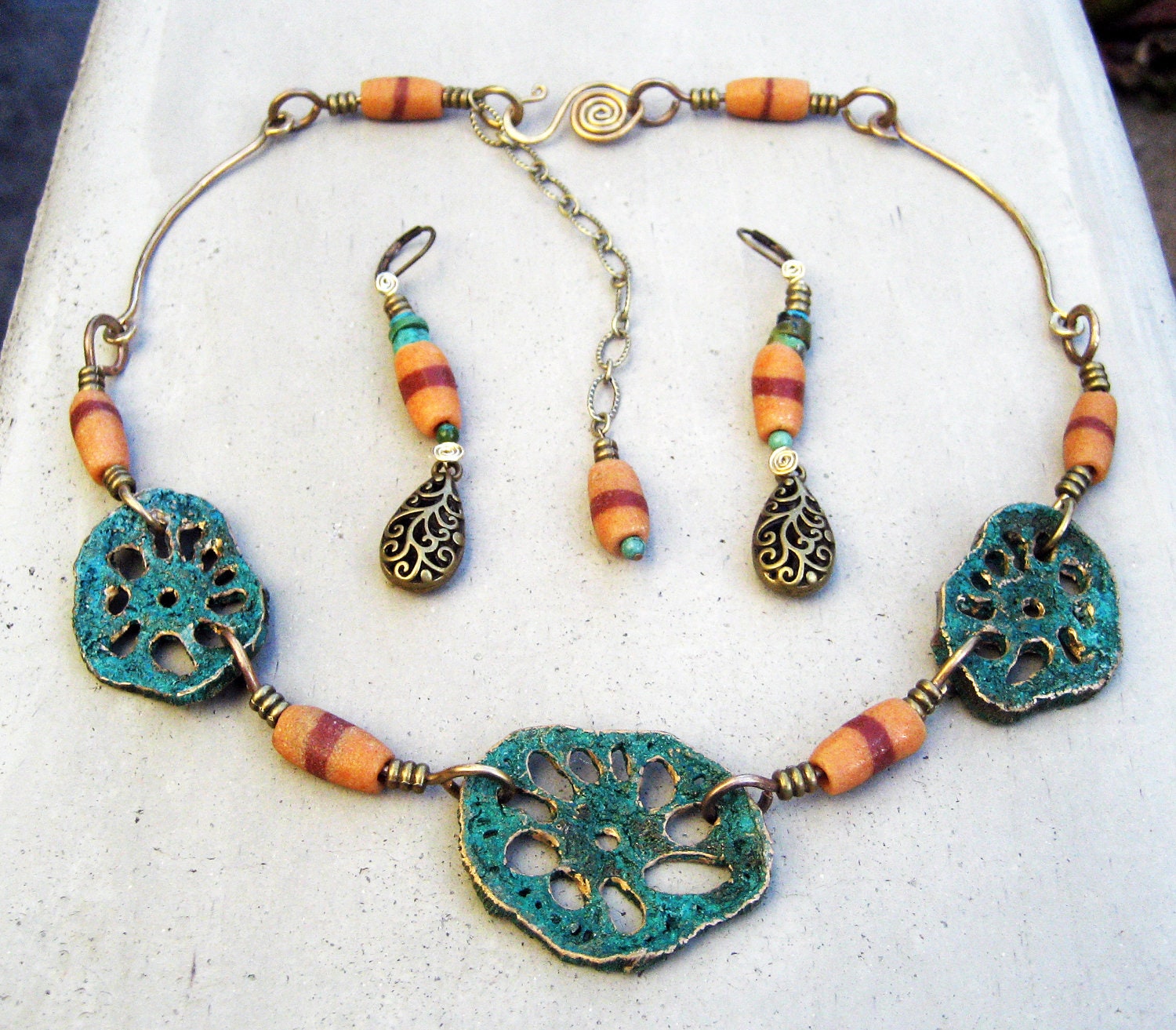 Lotus Root Choker, Lost Wax Cast, Turquoise Patina, African Trade Beads, Organic, Tribal, Ethnic, Handmade, Artisan Jewelry
