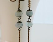 Brass Chain Earrings Dangle Freshwater Pearl, Aquamarine Gemstone Long Statement