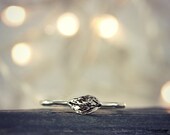 Diamond Leaf Ring - READY TO SHIP, Size 4 1/4 - Sterling Silver Stacking Ring with small flush set White Diamond