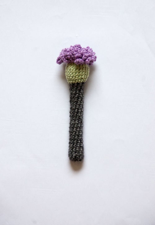 Crocheted Flower Brooch - Playful Jewelry from My Little Garden - Lilac Pastel Green Dark Grey - Cotton and Wool  - OOAK