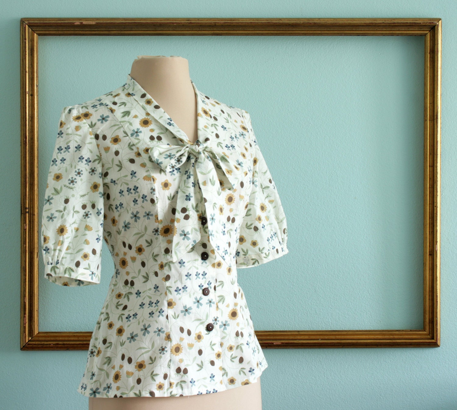 Bow tie blouse half length puff sleeves retro English cotton floral print - Jane style - FREE U.S. SHIPPING